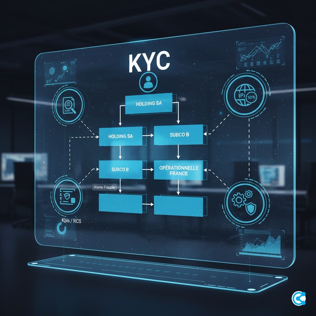 Image d'illustration KYC générée par IA : organigramme de société hiérarchique (Holding SA, filiales, sous-filiales) avec panneaux de données holographiques représentant le processus de vérification KYC, l'identification des bénéficiaires effectifs et la vigilance constante